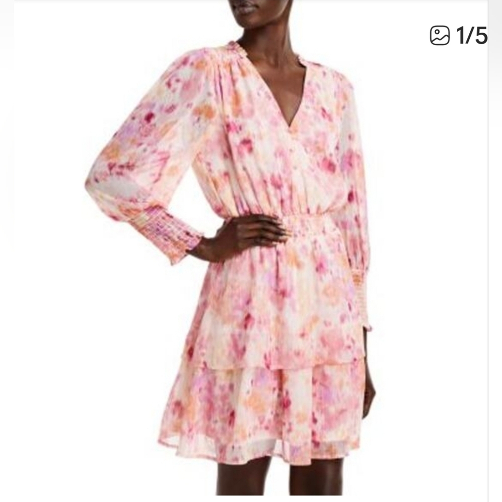 Aqua Pink and Peach Floral Long Sleeve Tiered Dress